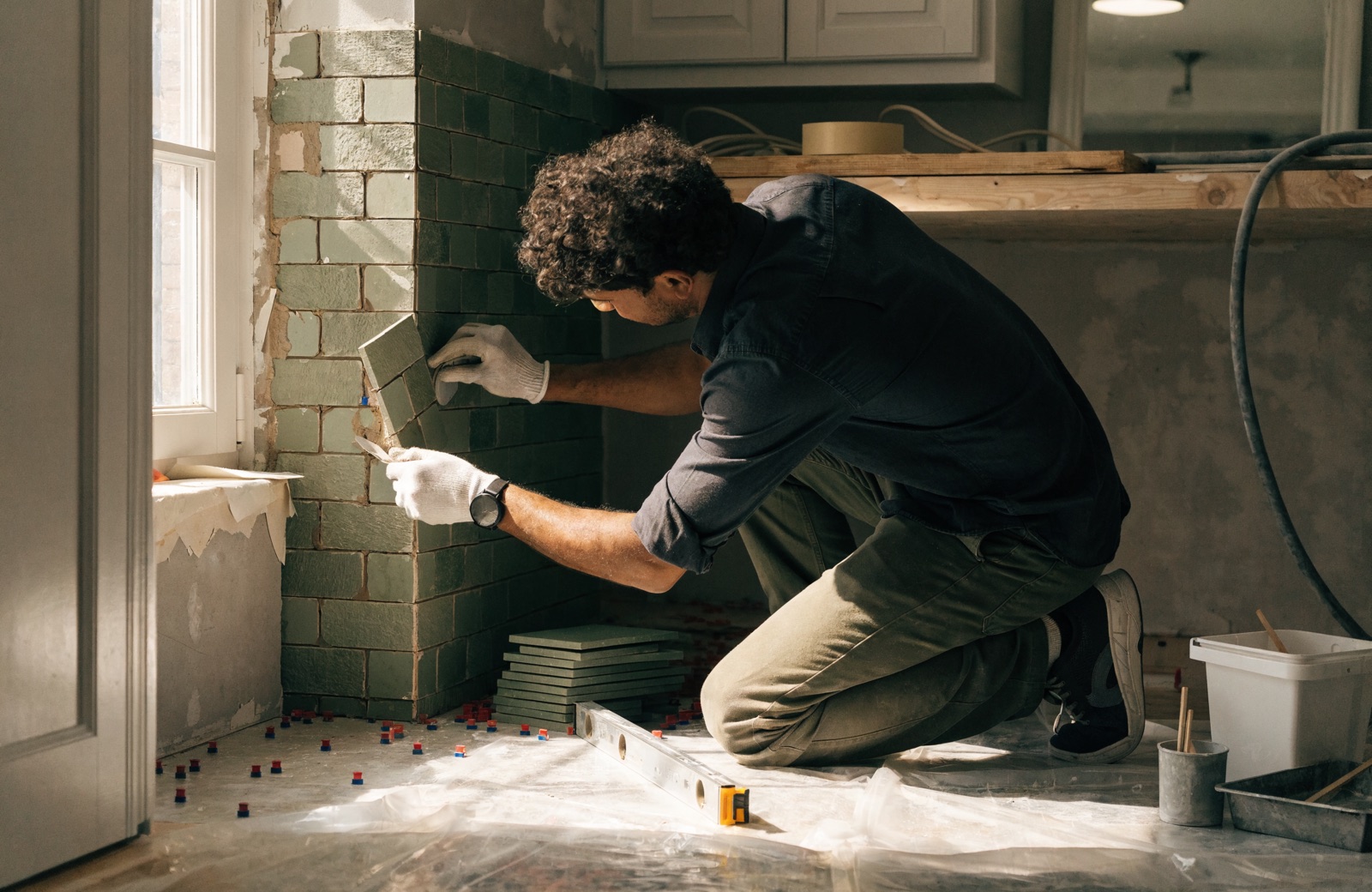 Artisan posant un carrelage antidérapant lors de l'adaptation d'une salle de bain pour senior