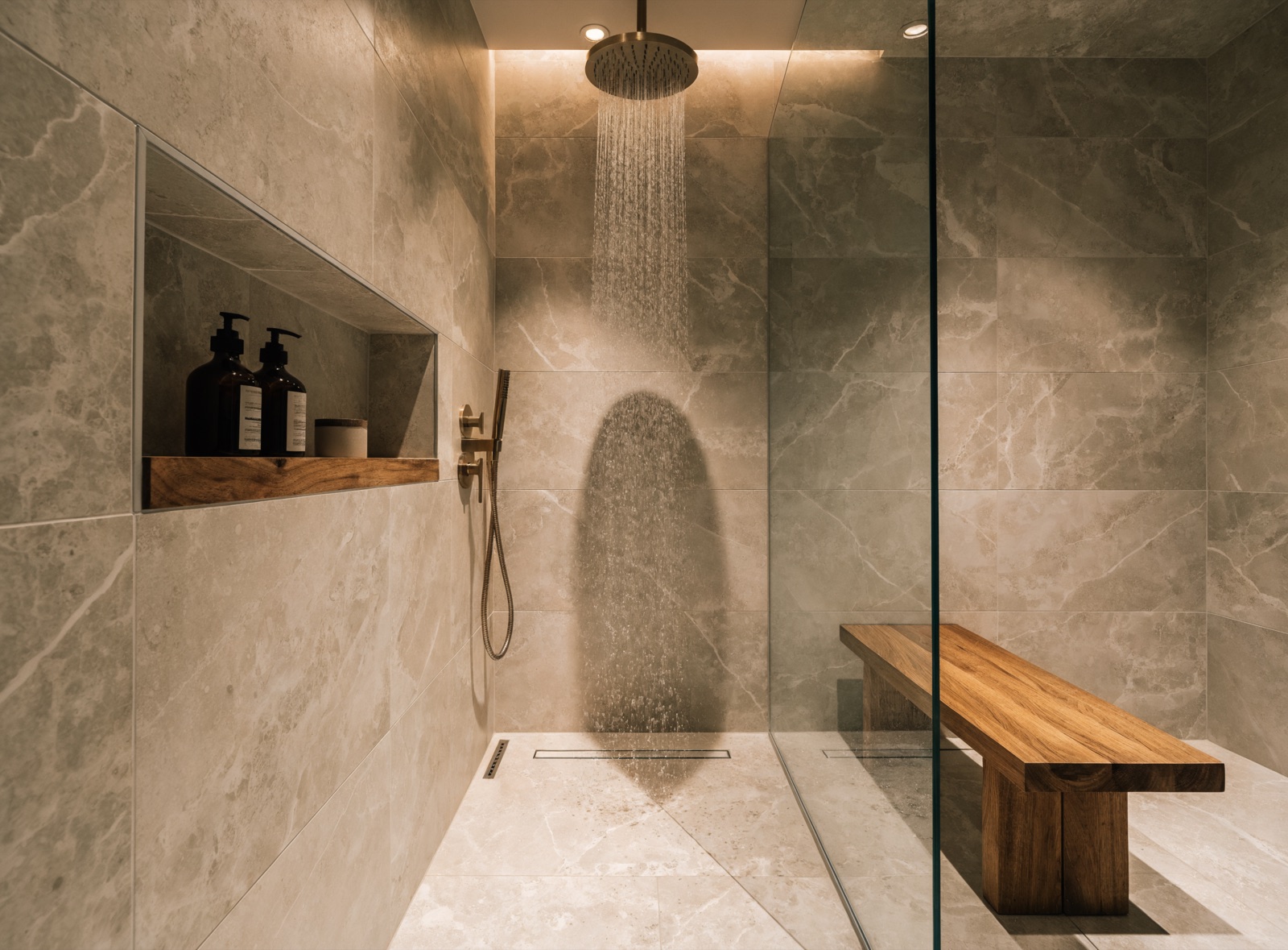 Douche italienne de plain-pied avec paroi vitrée sur mesure et faïence, installée à la place d'une baignoire