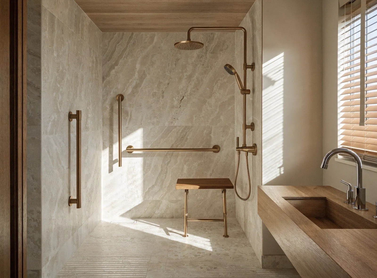 Salle de bain senior sécurisée avec douche plain-pied, barres d'appui et siège rabattable